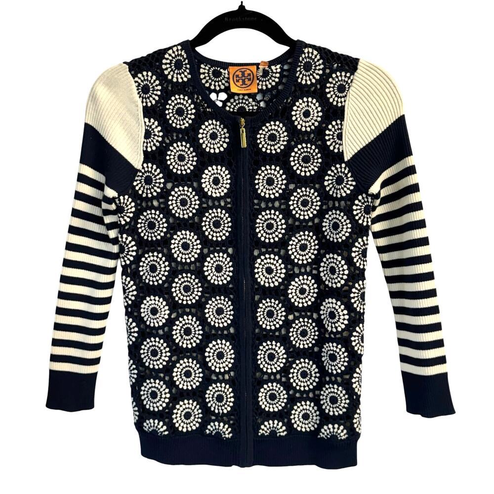 Tory Burch Elaine Cardigan NWT Small Navy Crochet Stripe Zip Sweater Size S